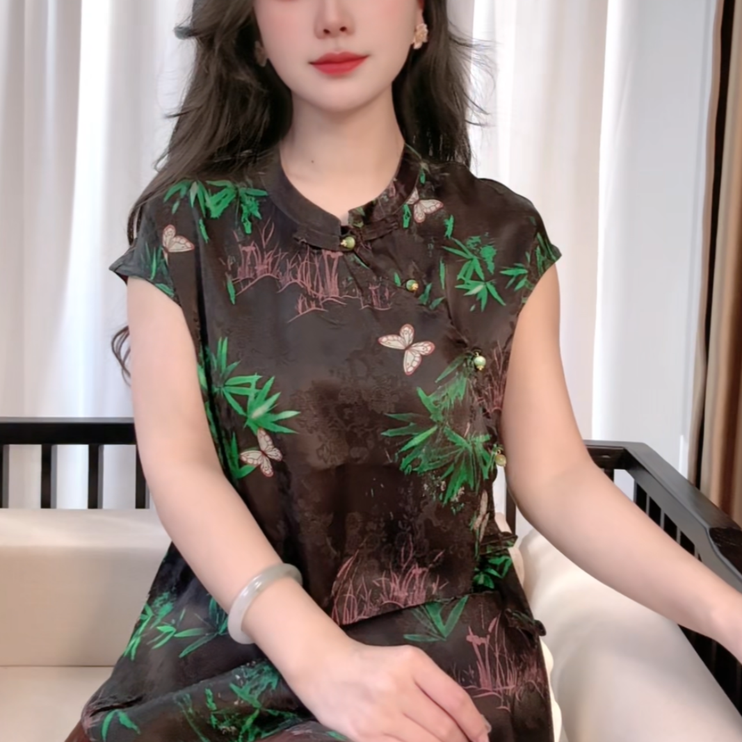 夏季新中式桑蚕丝盘扣短袖时尚提花中国风百搭上衣女S199