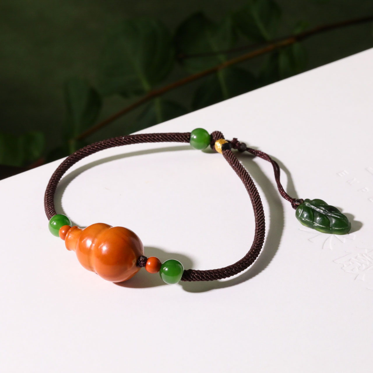 【意婵】《见葫》精品天然和田碧玉橄榄核雕葫芦手绳-912543