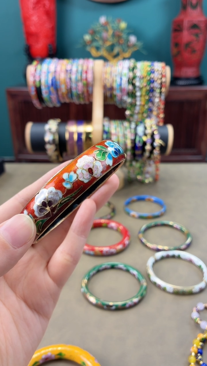 小*头非遗 景泰蓝开口镯 红色花卉