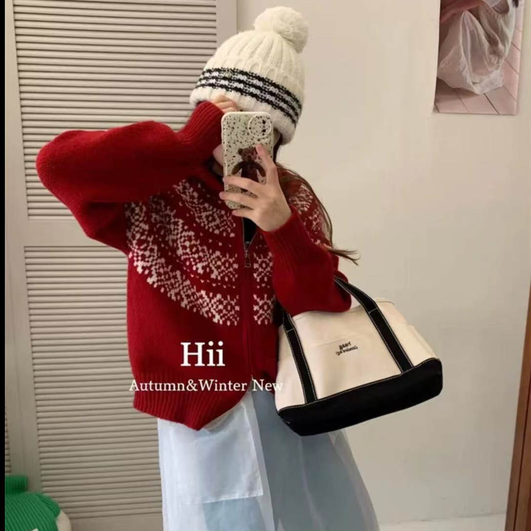 经典百搭连帽圣诞款拉链毛衣2024冬季新款韩版宽松显瘦上衣外套女