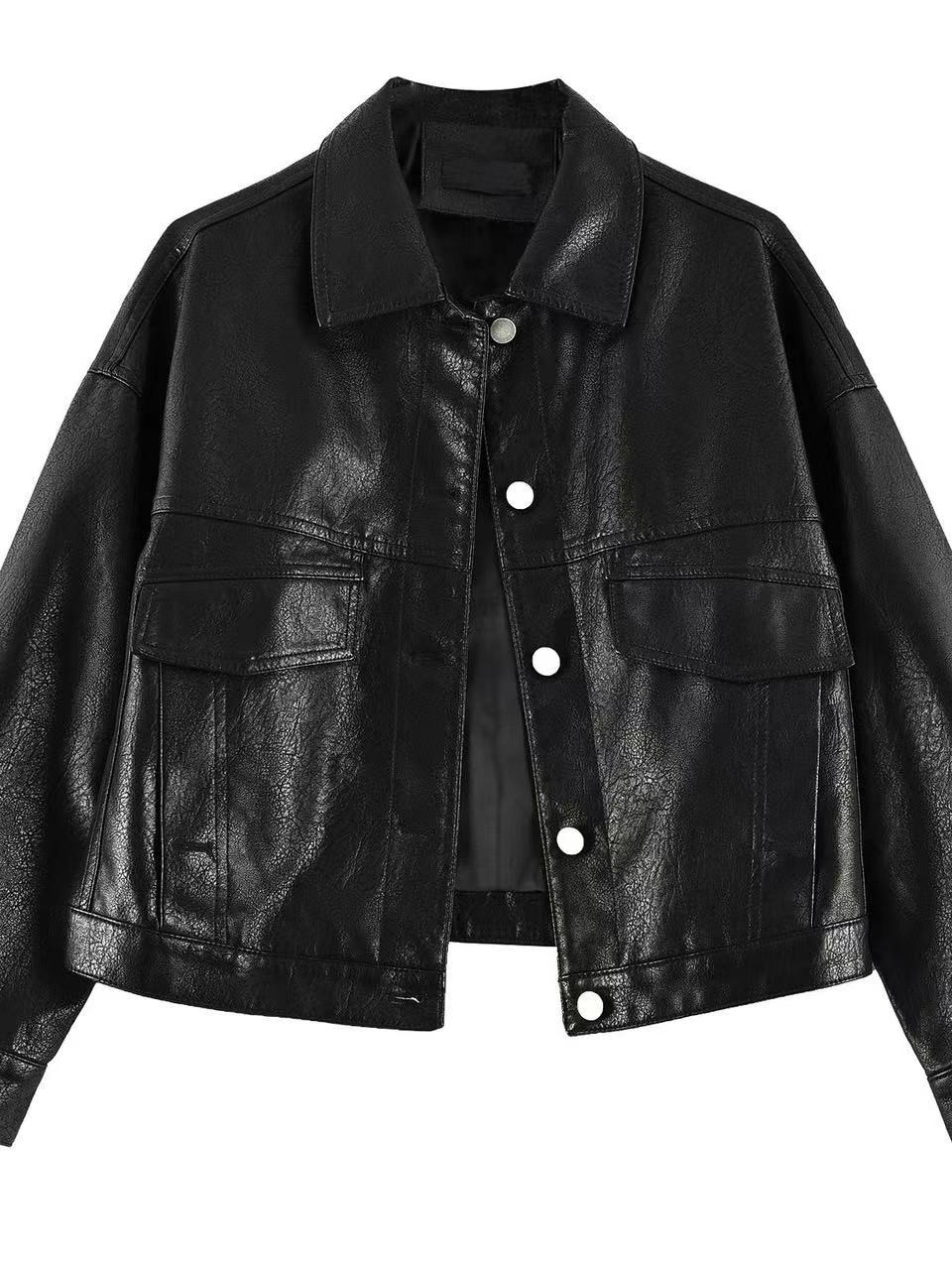 宽松型短款不易变形重工休闲皮衣印花春夏秋季立领