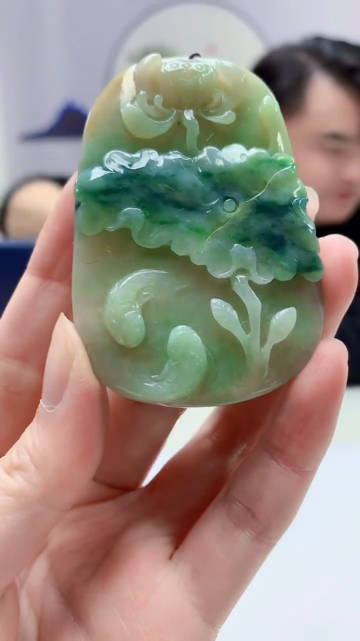 【闪购商品】定制翡翠未镶嵌5060zm-毛货挂件荷叶鱼114