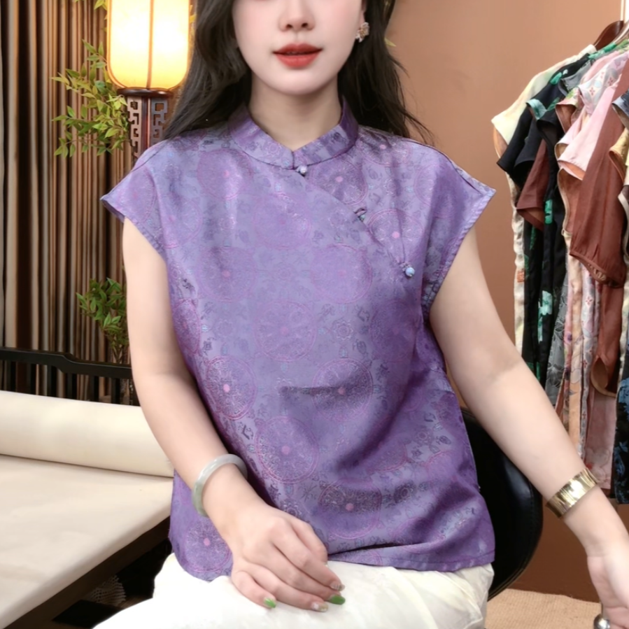 夏季新中式桑蚕丝短袖女时尚显瘦百搭中国风上衣女S308