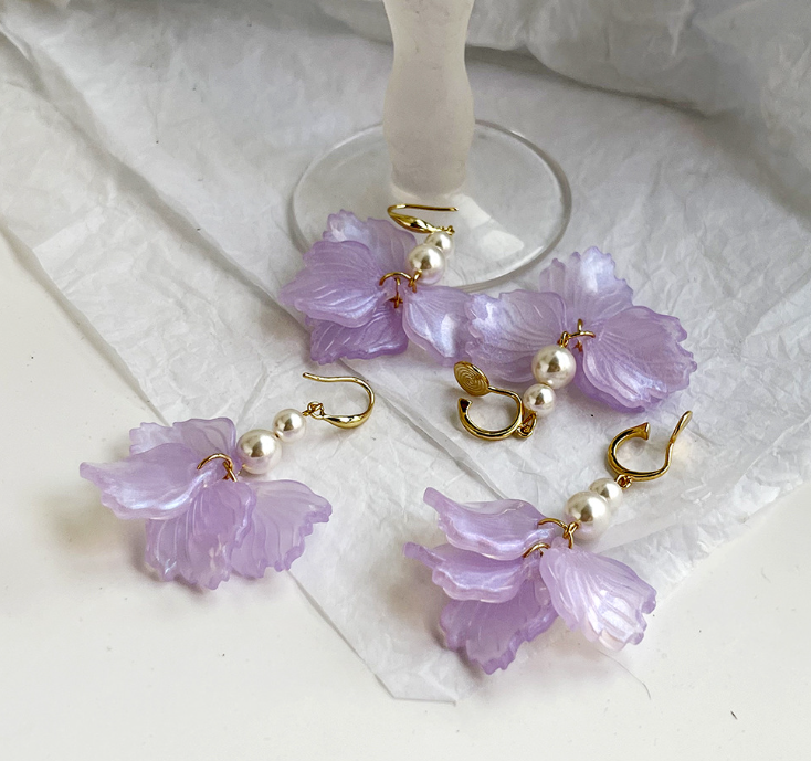 合金耳饰 【无耳洞耳夹】新款超仙温柔紫色花瓣鱼尾蚊香盘耳夹流苏