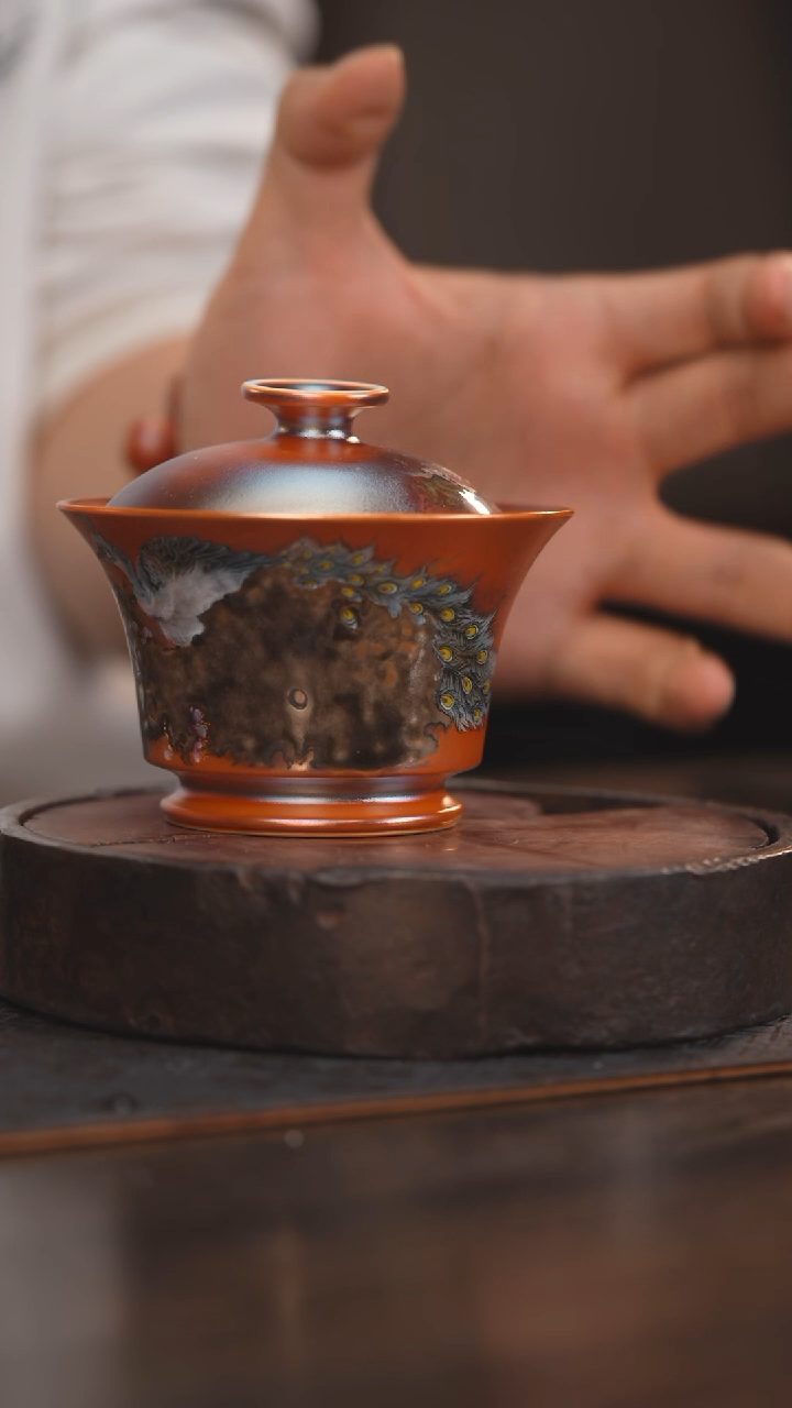 【闪购商品】杯97柴房陶瓷丨金红落灰绘画盖碗