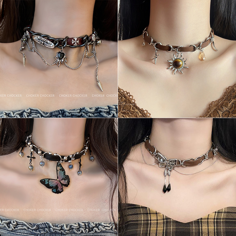 合金项链 chocker缠绕铆钉皮革项圈克罗朋克爱心少女y2k亚文化