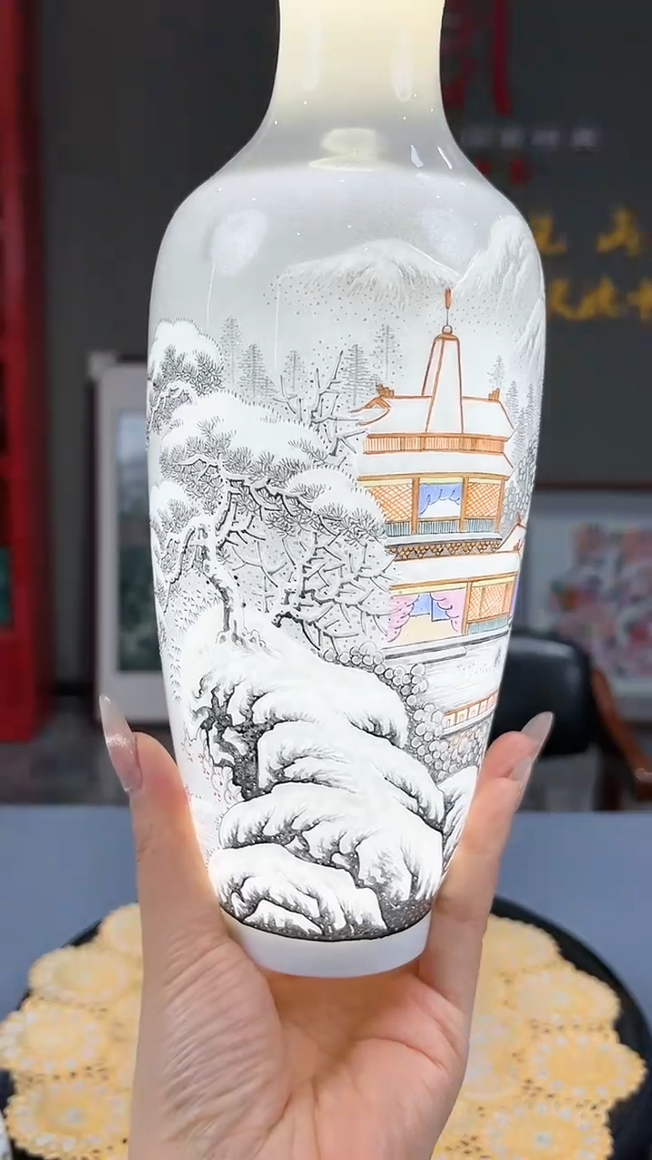 【闪购商品】官窑瓷画院925官窑瓷画院雪景赏瓶