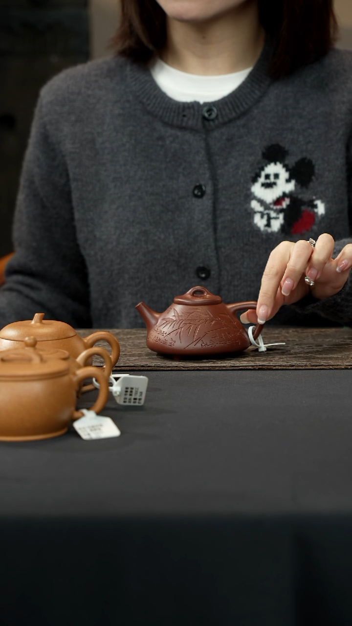 【闪购商品】紫砂茶壶底槽清子冶石瓢刻绘竹170cc