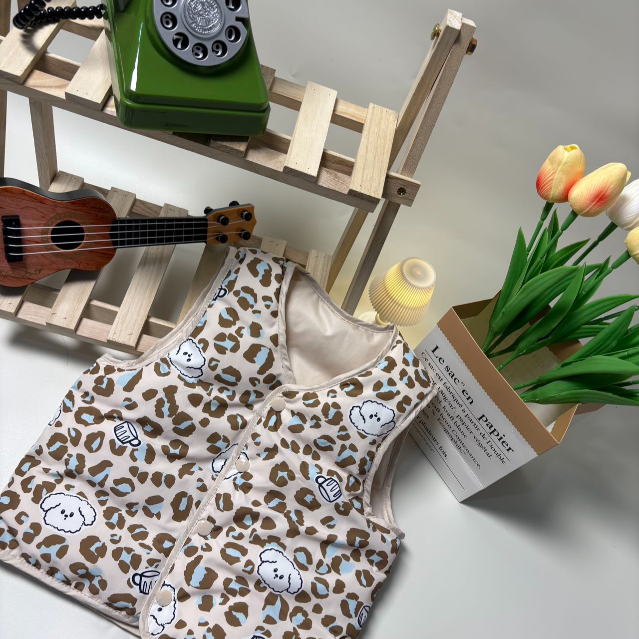 （五楼）小童印花百搭碎花厚款马甲冬季时尚卡通风豹纹宝宝