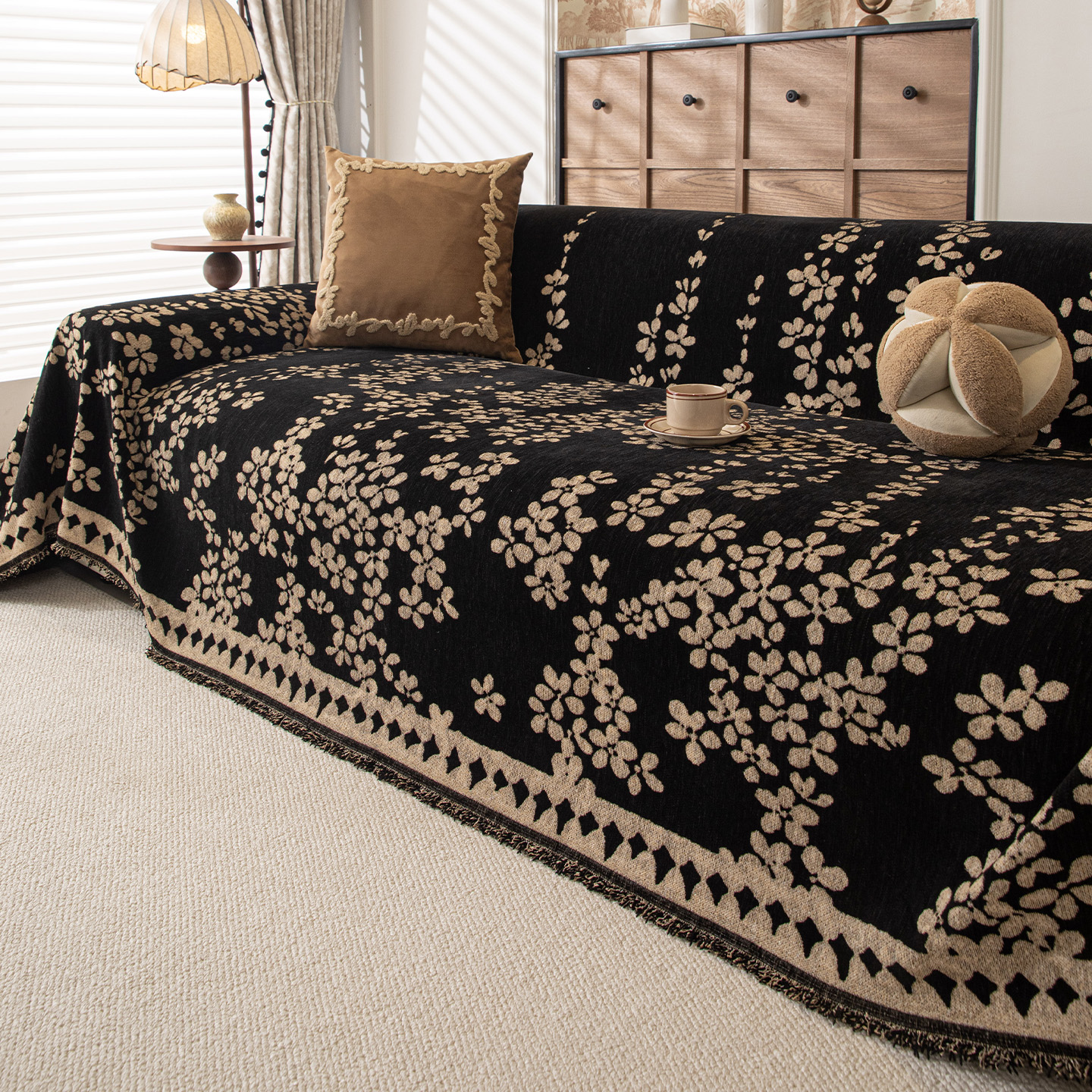 甸野碎英黑咖雪尼尔沙发巾防滑加厚耐磨防猫抓耐脏两三人位SFJ09