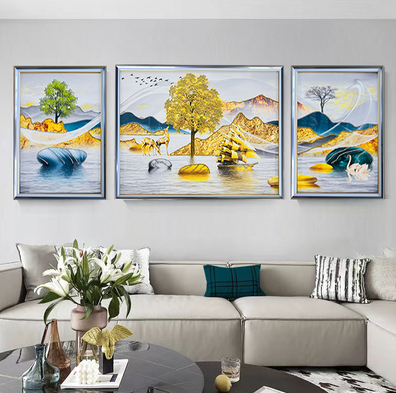 f01富水金山福鹿双沙发背景墙挂画三联画现代简约玻璃装裱装饰画