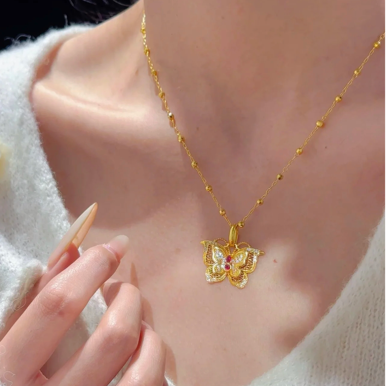 铜合金项链 新中式国潮花蝶项链女轻奢高级感锁骨链颈链