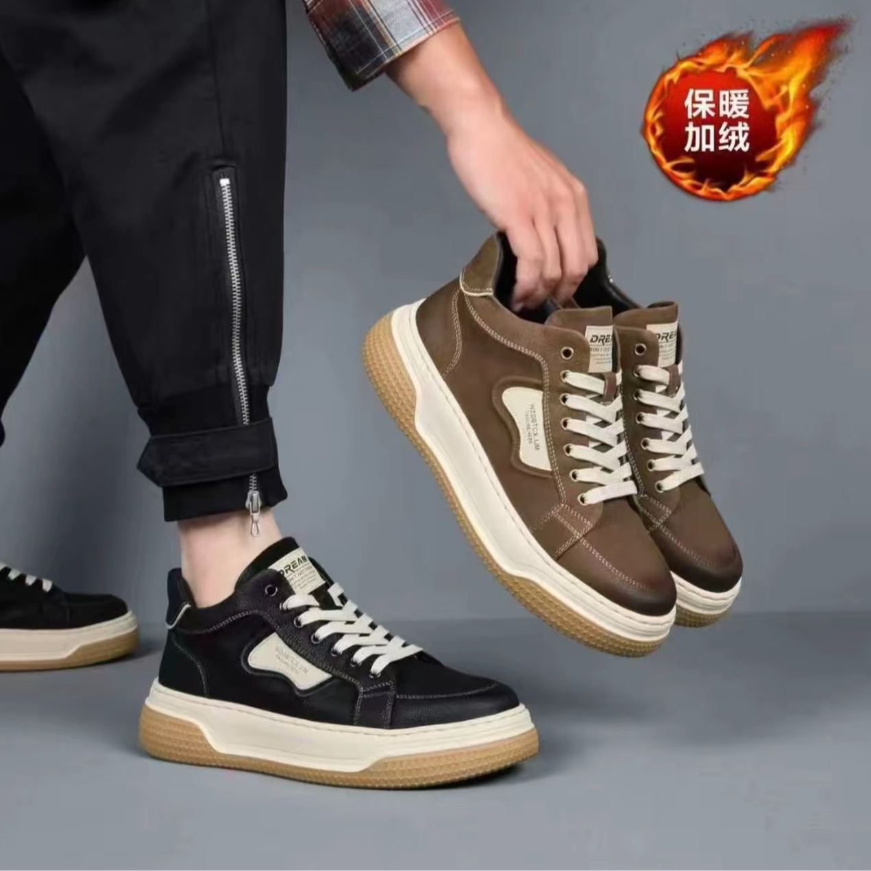 【有单有棉】冬季头层牛皮厚底高帮防滑增高保暖百搭时尚潮流短靴男