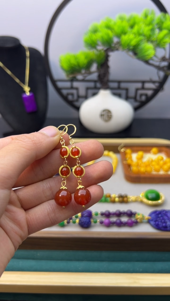 【闪购商品】南红玛瑙耳饰14K金镶嵌E127            