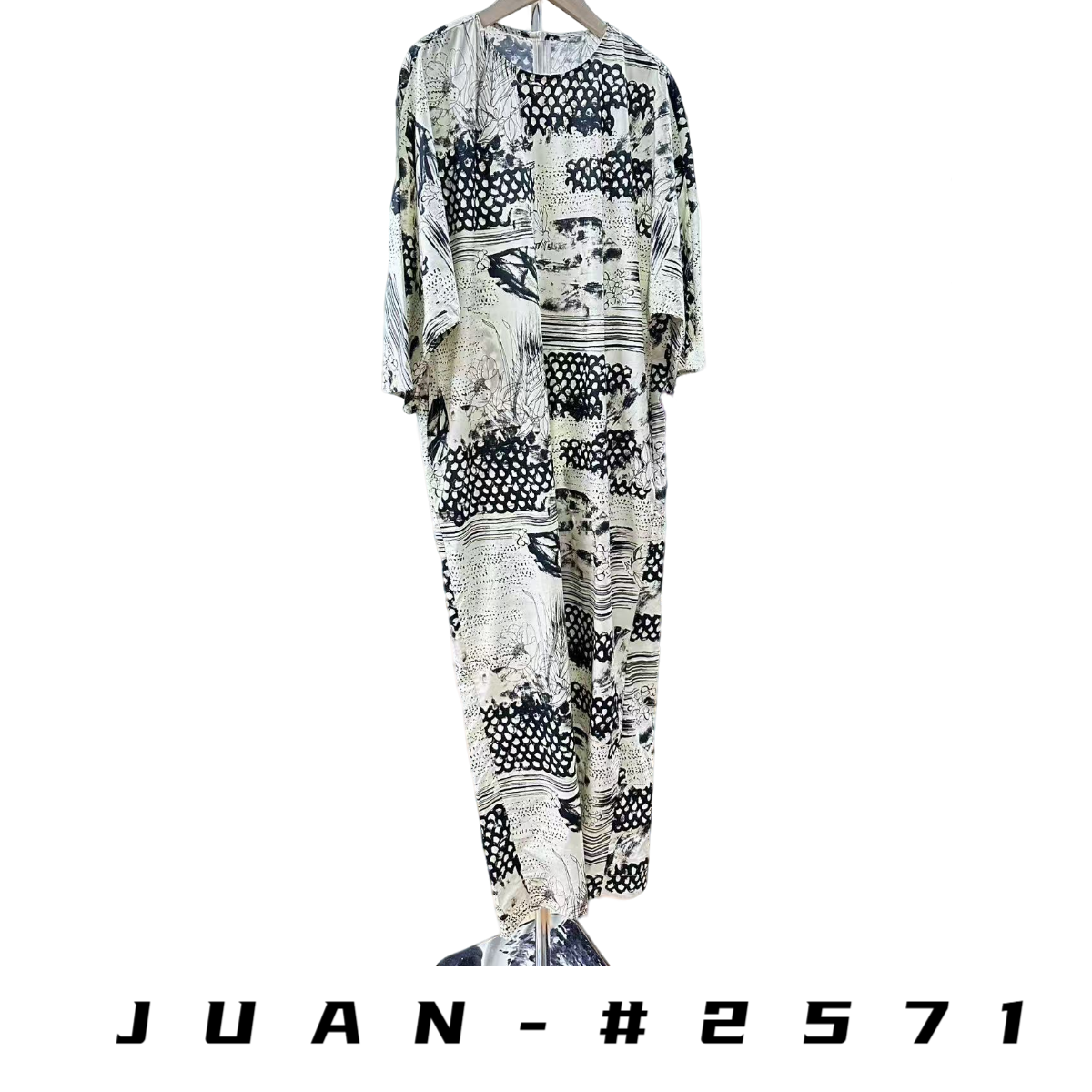 2571 涂鸦图案圆印花夏季领宽松中袖连衣裙