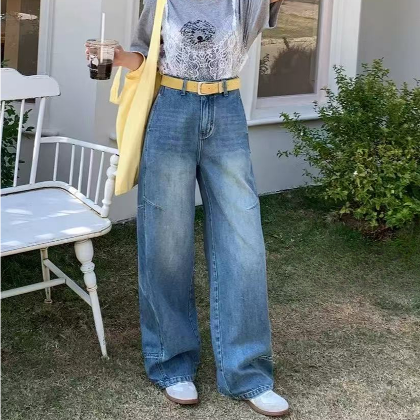 3209牛仔裤#2025春新款蓝色高腰镰刀裤弯刀裤女宽松阔腿裤潮