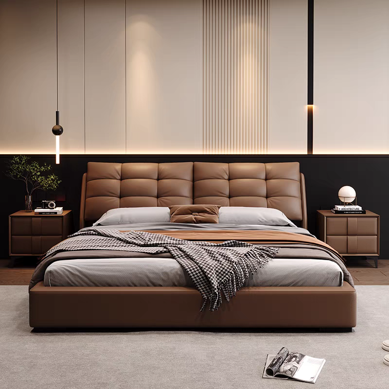 意式极简泡芙真皮床简约现代主卧高端双人床内嵌棉花糖软包床