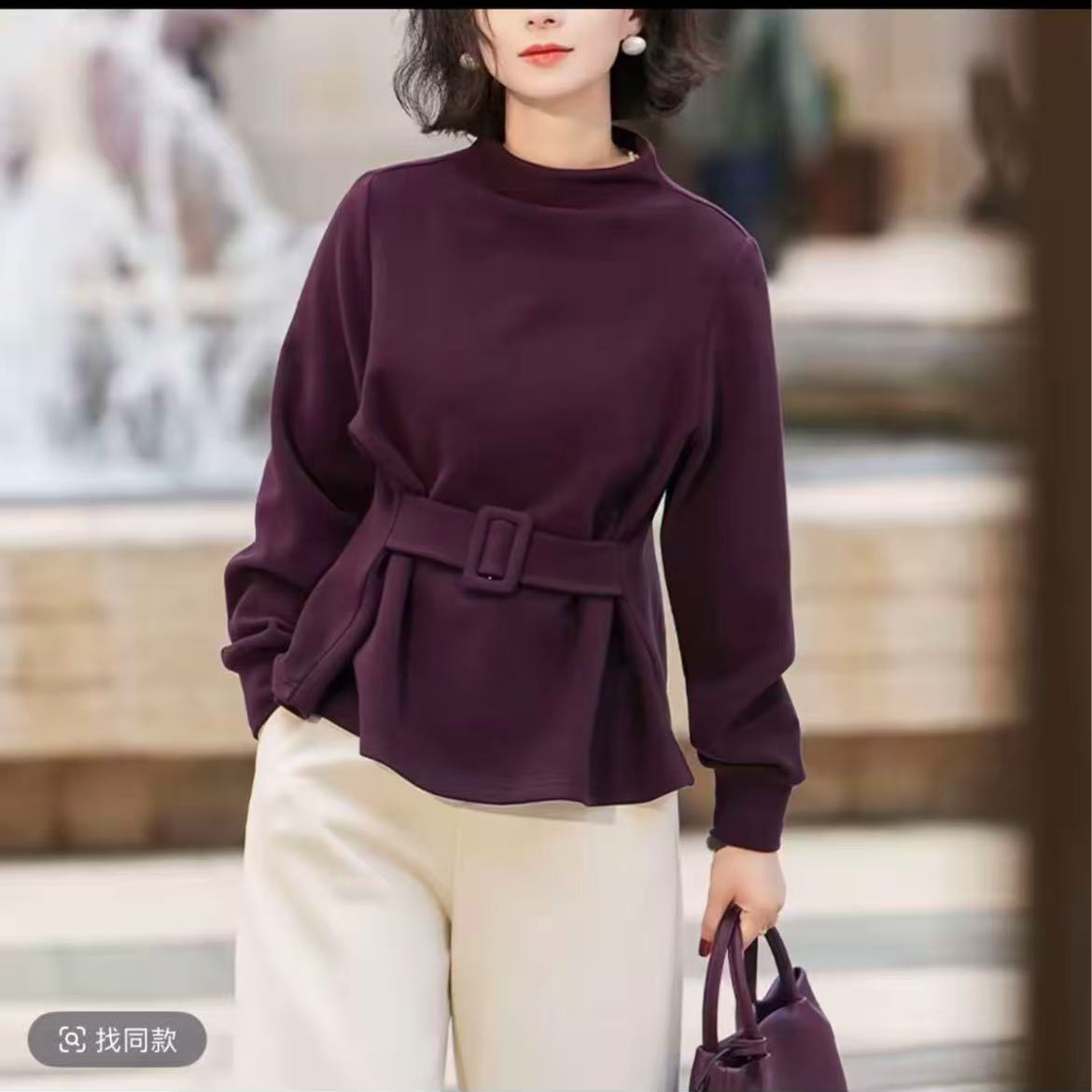 2025年秋冬季时尚长袖套头显瘦新款腰带洋气上衣