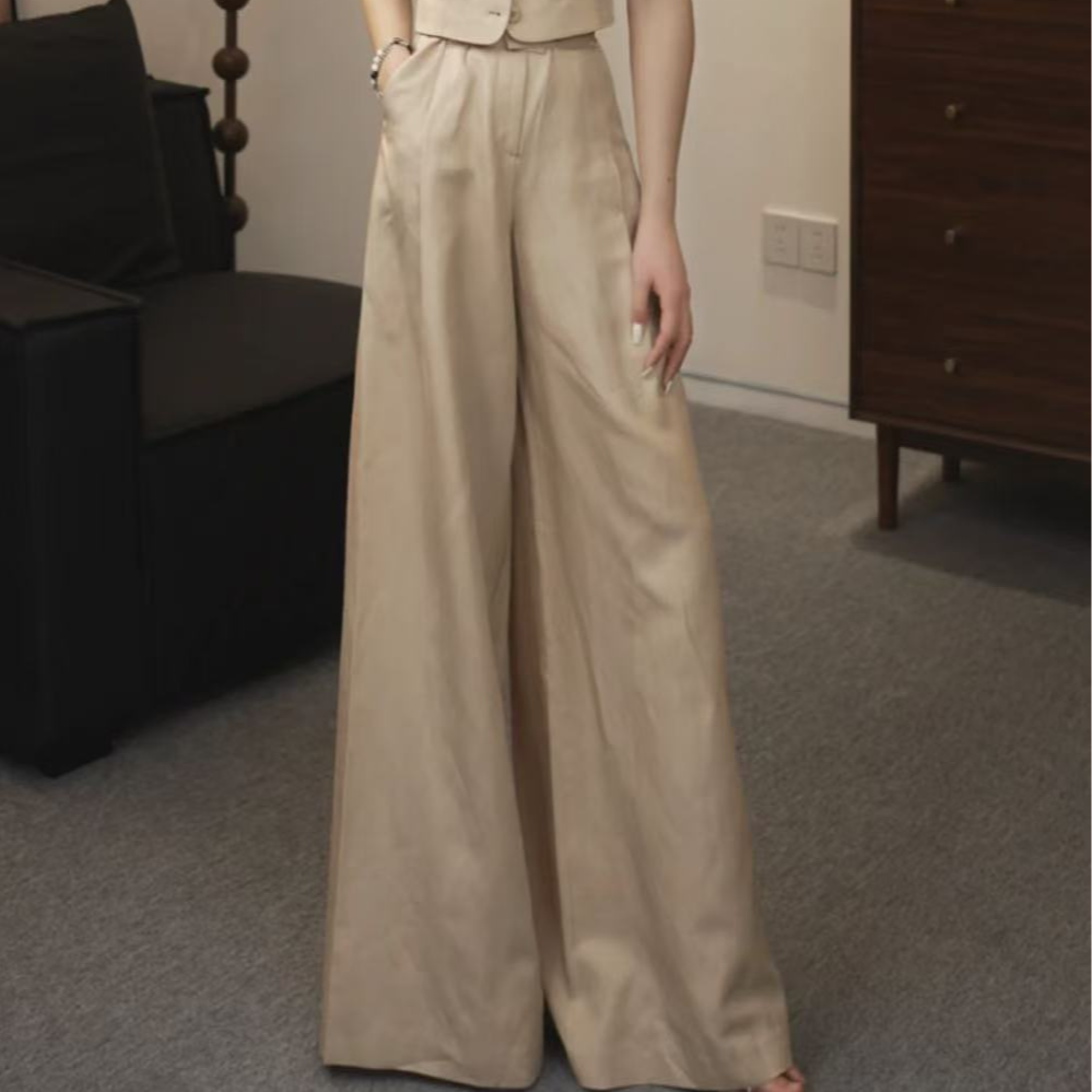 阿玛施AMASS早春极简轻奢风气质中高腰宽腿亚麻长裤5100600