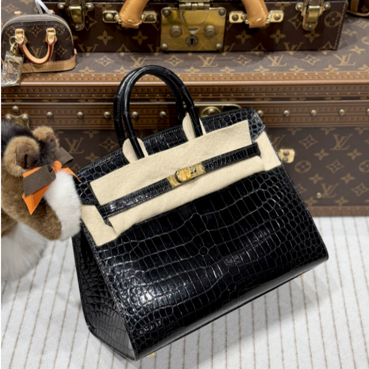99新 Hermes/爱马仕 lina/bk25黑金倒v全鳄包/Z刻/全套