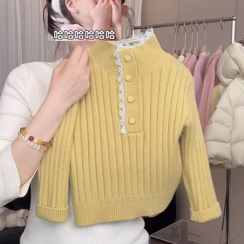 【现货】冬季新款女童百搭宽松蕾丝半高领套头上衣冬季毛衣童装