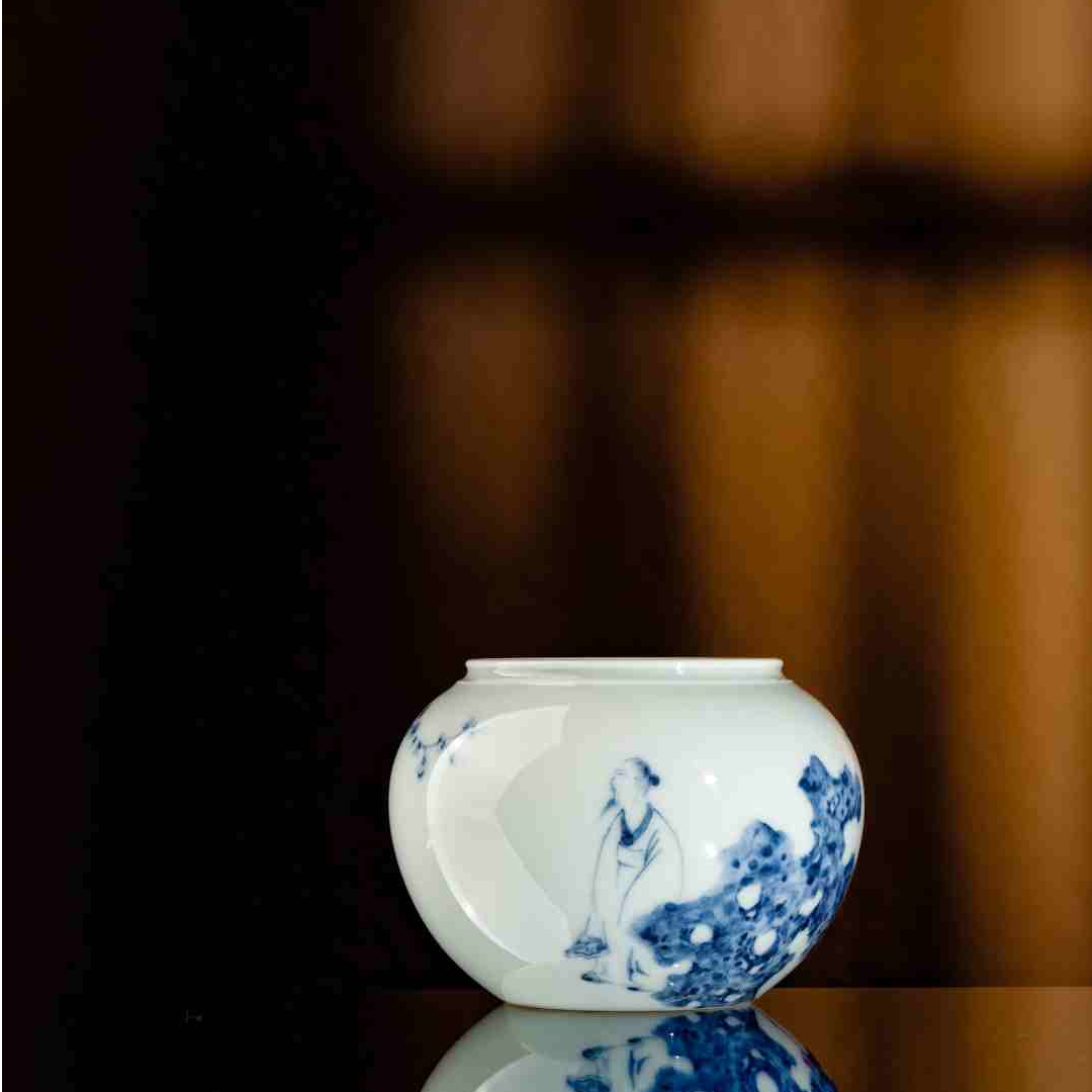李子白青花高士赏梅福石芭蕉叶苹果小水洗陶瓷青花瓷