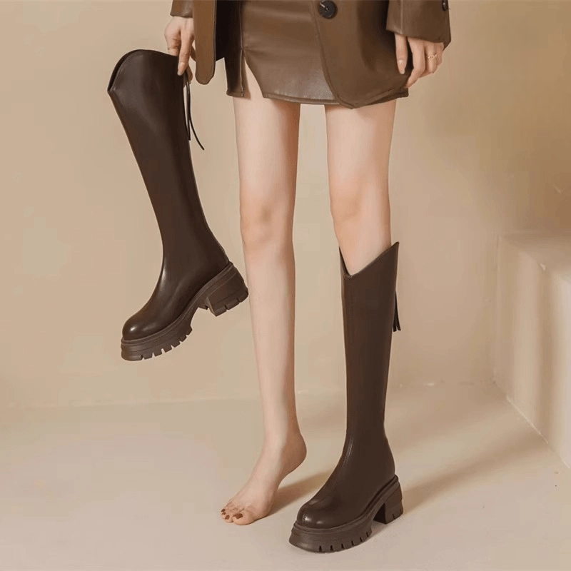 2025新款粗跟加宽粗腿长筒靴女复古小个子厚底不过膝骑士长靴圆头