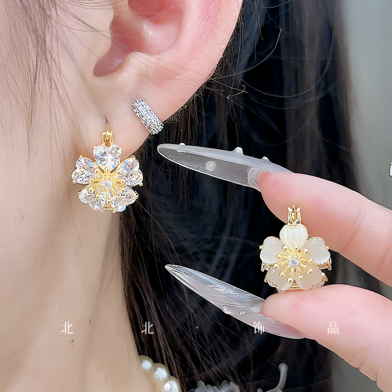 铜合金合成锆石耳饰 甜美个性双面花朵耳扣小众设计气质耳环新款