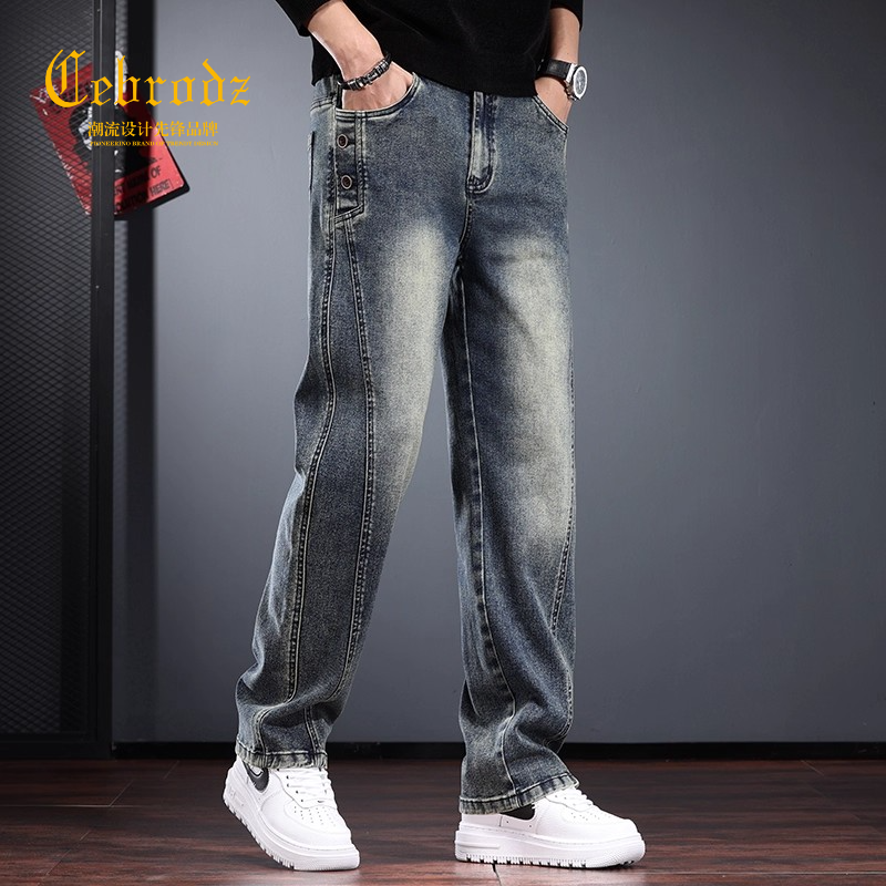 法国Cebrodz复古水洗做旧牛仔裤男秋宽松侧边纽扣潮流百搭休闲裤