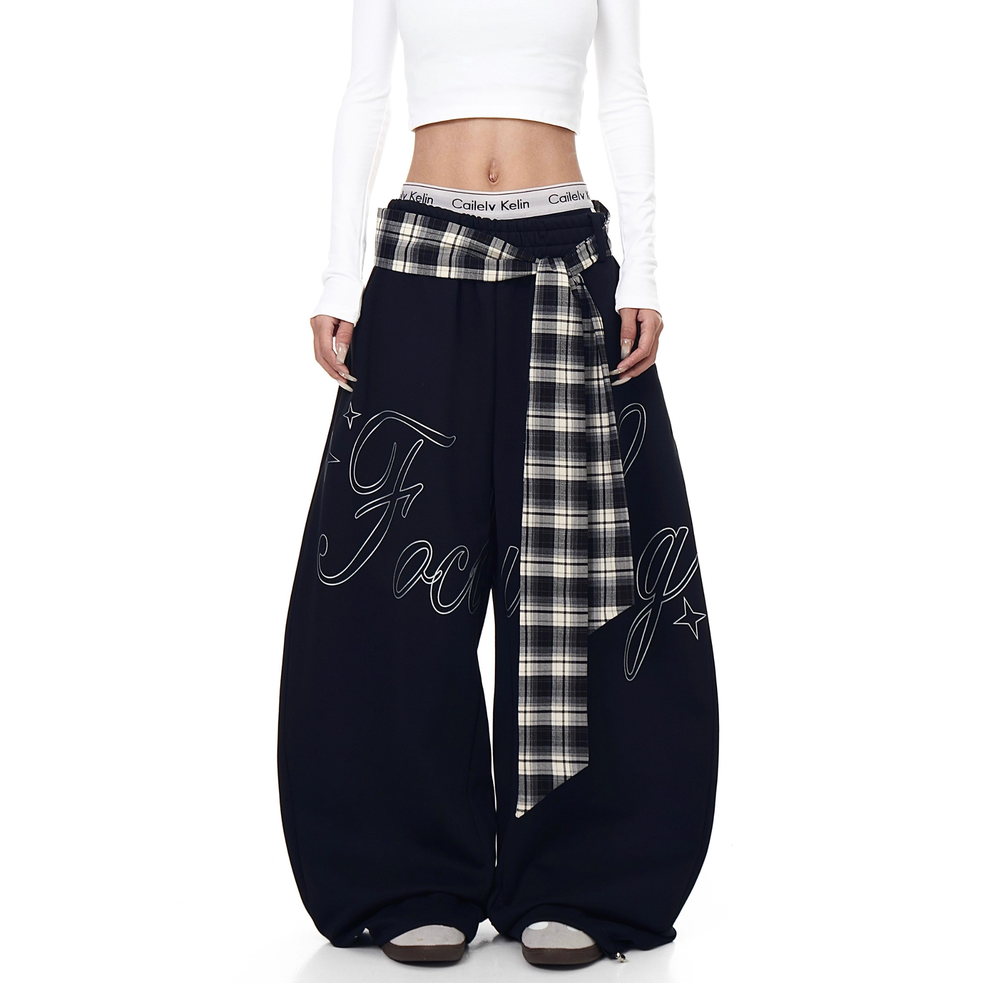 美式字母印花格子绑带弯刀卫裤男女爵士舞宽松阔腿裤潮