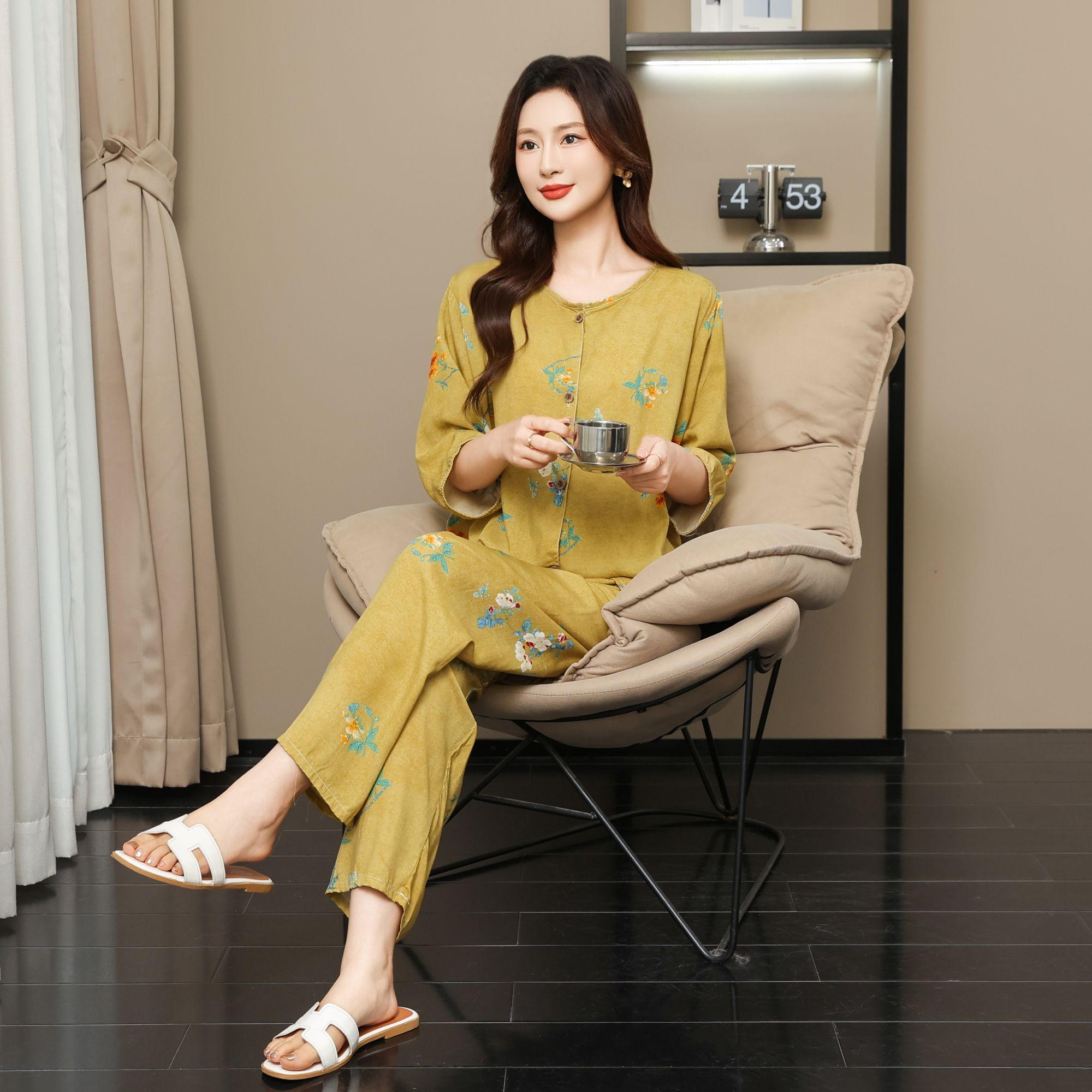 夏季棉绸-家居服套装春夏睡衣家居服中年套装夏季简约宽松休闲