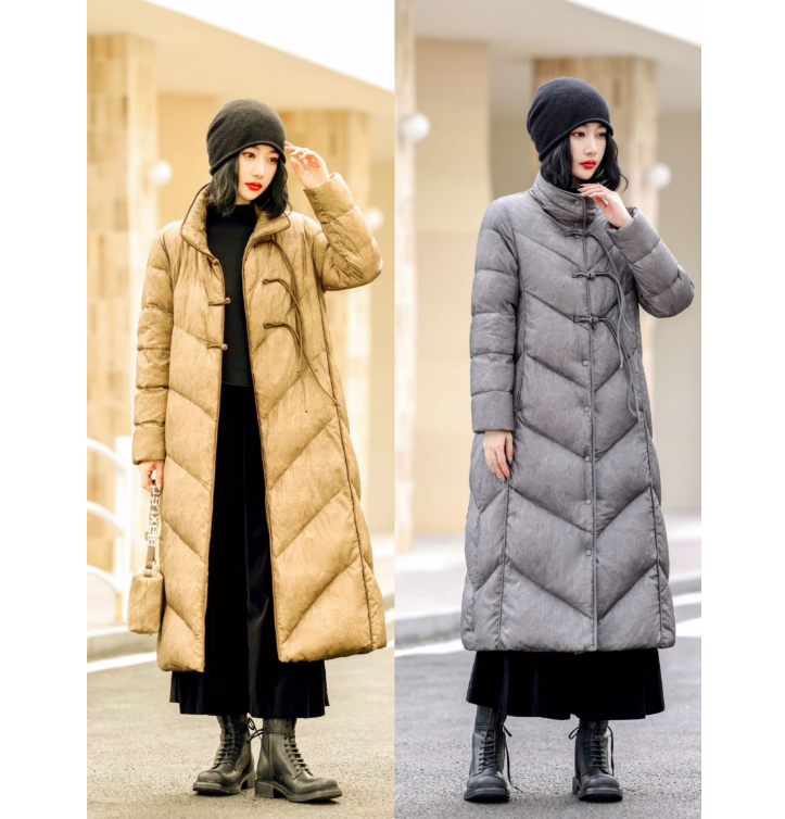 新中式纯色盘扣秋冬加厚长款冬季鹅绒服女