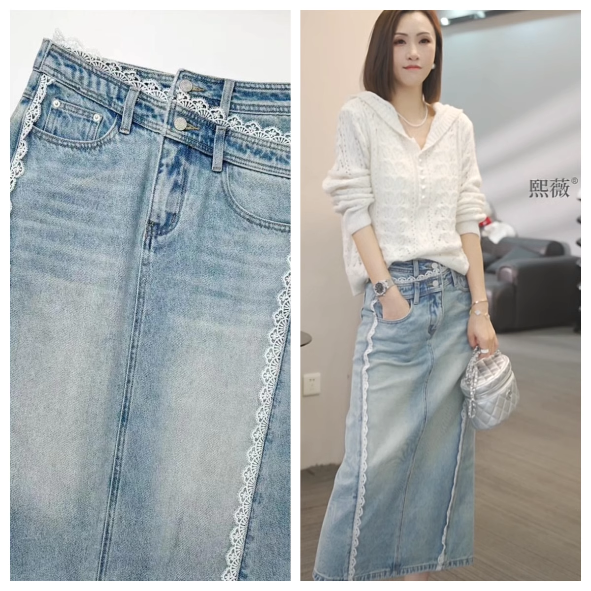 2025夏季韩系甜美蕾丝边设计宽松牛仔中长裙女高腰显瘦百搭A字裙