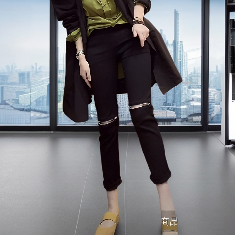 【小二姐家】时尚休闲黑色外穿修身显瘦加绒拉链小脚裤