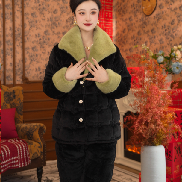 【春意盎然】女士家居服睡衣秋冬2025新款时尚女款套装加厚翻领保暖