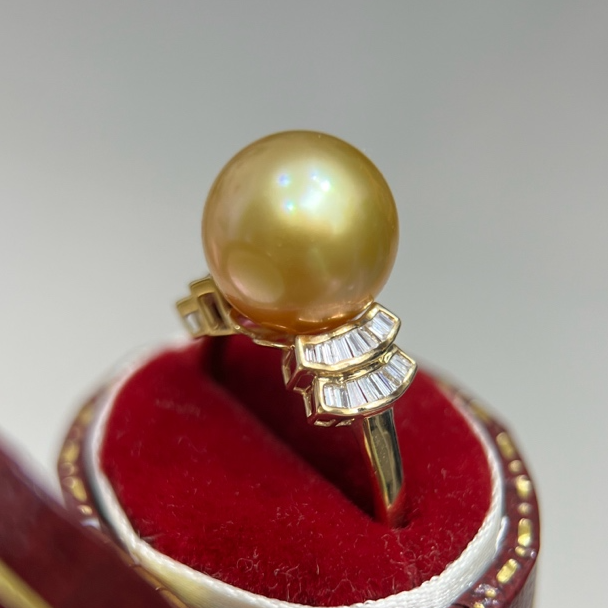 纯天然海水珍珠南洋金珠18k金镶嵌钻石戒指11-12正圆无暇在逃公主