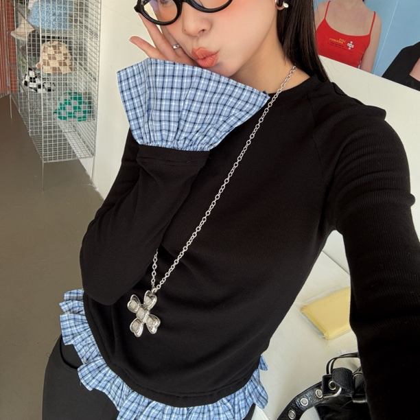 HELLOTANGO《曼乐之城》花边格纹拼接荷叶边显瘦长袖T恤84320-1#