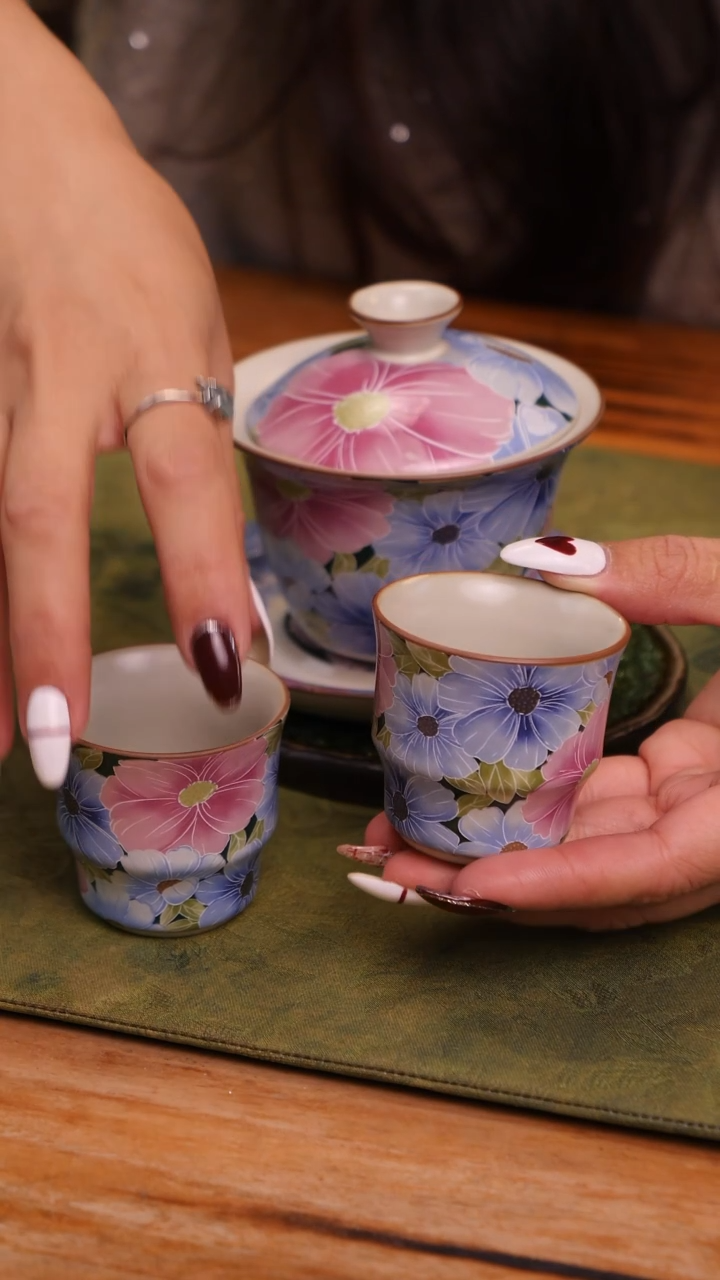 【闪购商品】郁金香三才盖碗+2个竹节杯