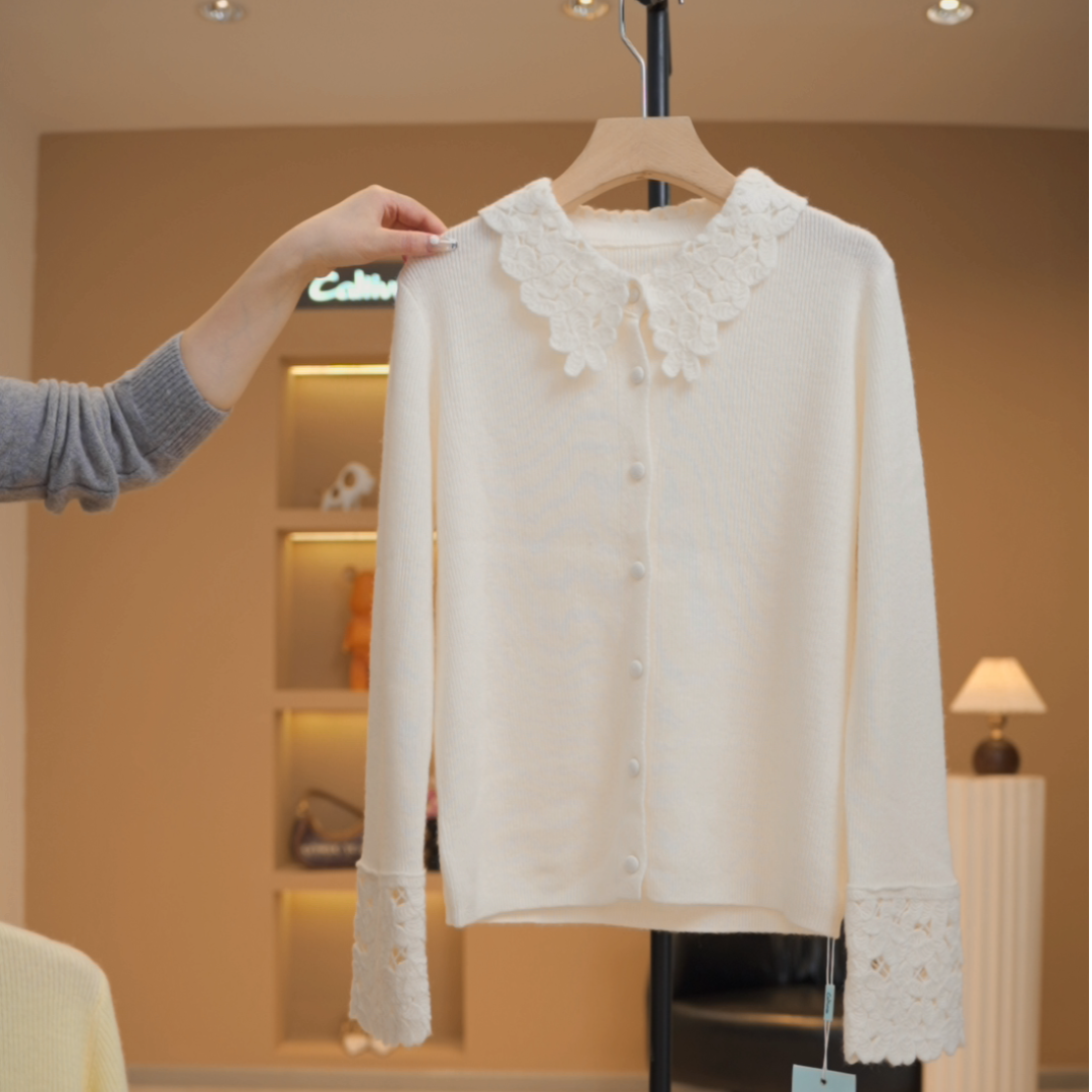 【媛媛】【100绵羊毛】翻领勾花镂空显瘦百搭针织衫-Y19854