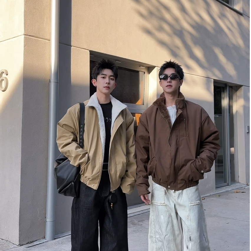 QIUYIDAODI美式复古bomber立领飞行夹克棉服冬季加绒短款boxy外套