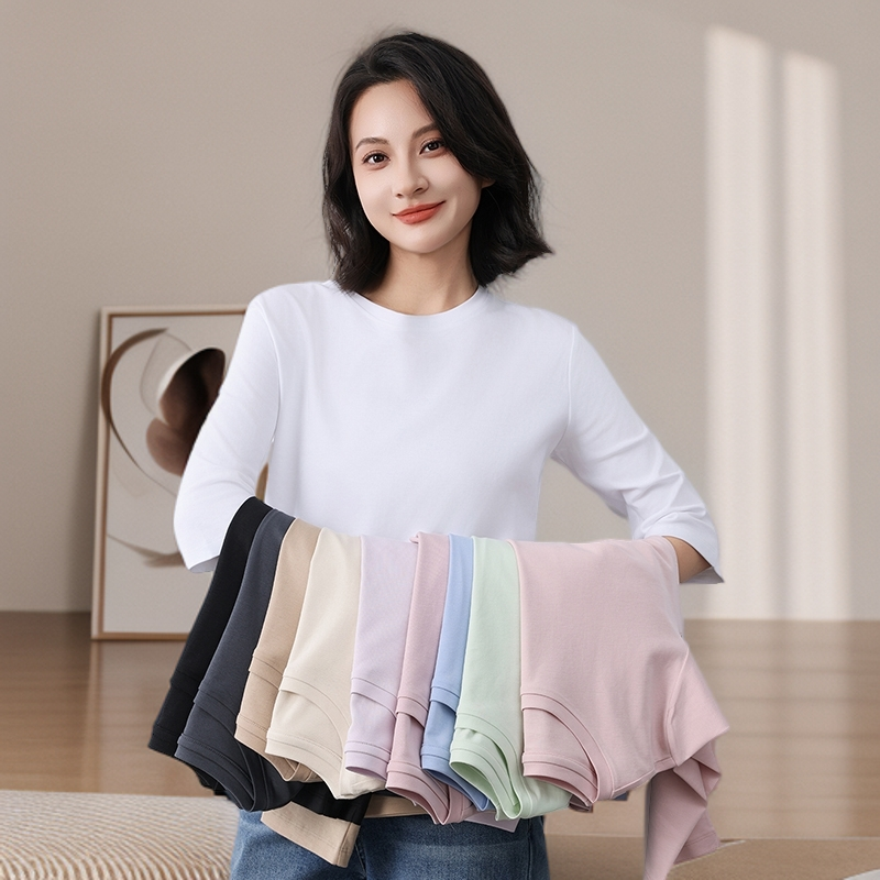 秋季薄款丝光棉七分袖上衣女春夏宽松显瘦t恤打底衫休闲通勤短袖