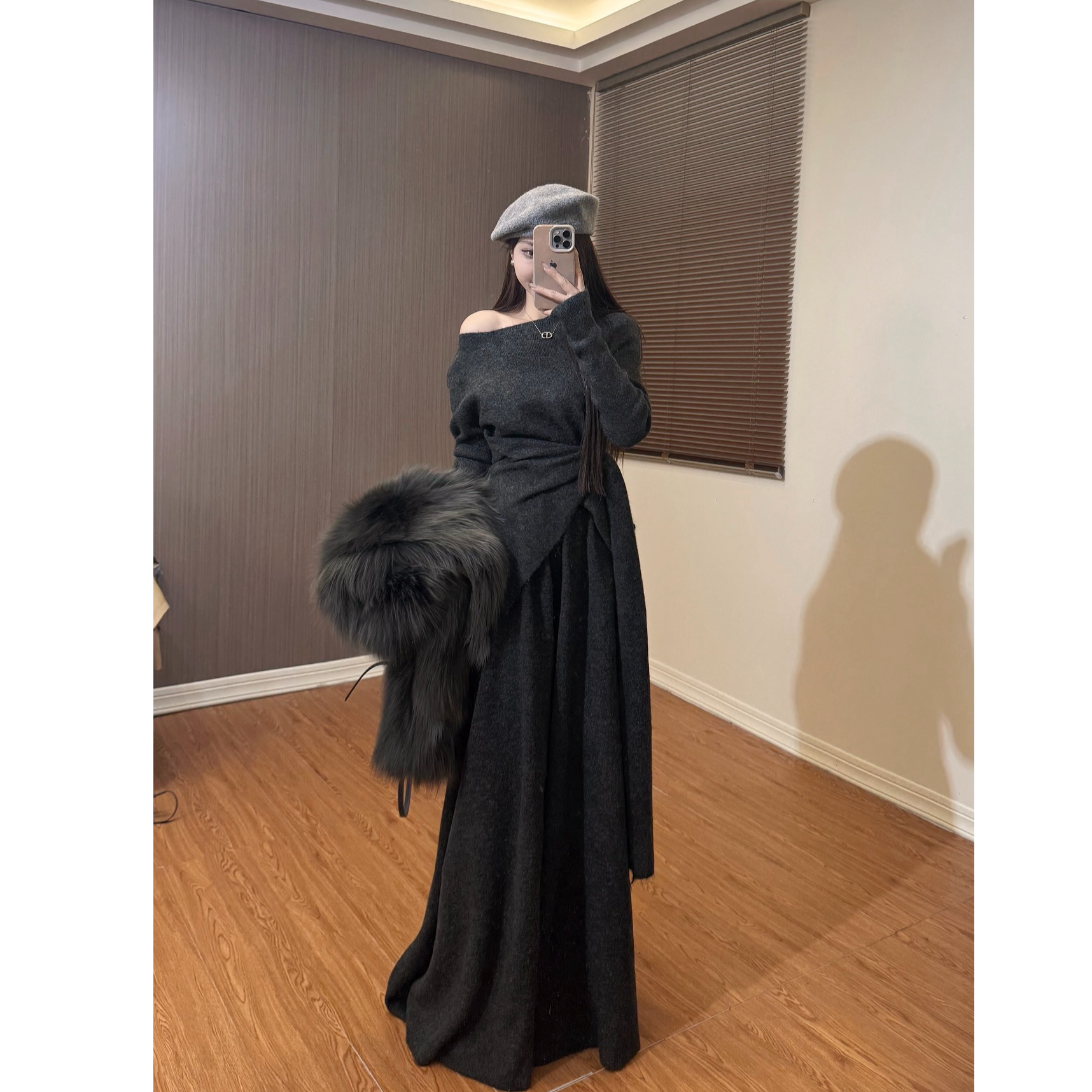 裙裤时尚套装复古纯欲风修身休闲风长款长袖慵懒风仿牛绒针织两件