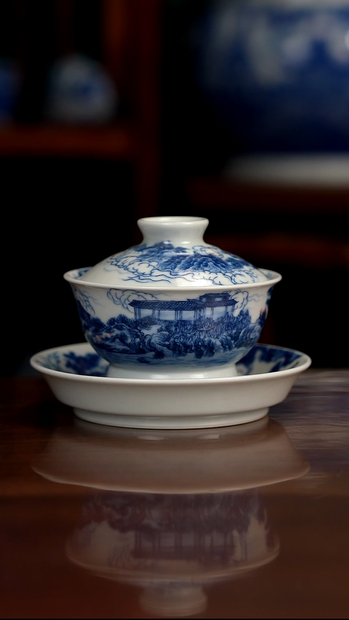 景琳藏青花北派山水福利盖碗