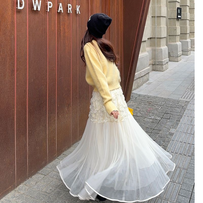 （直播默认有瑕）杏色加绒中长款不规则设计感小众重工网纱半身裙