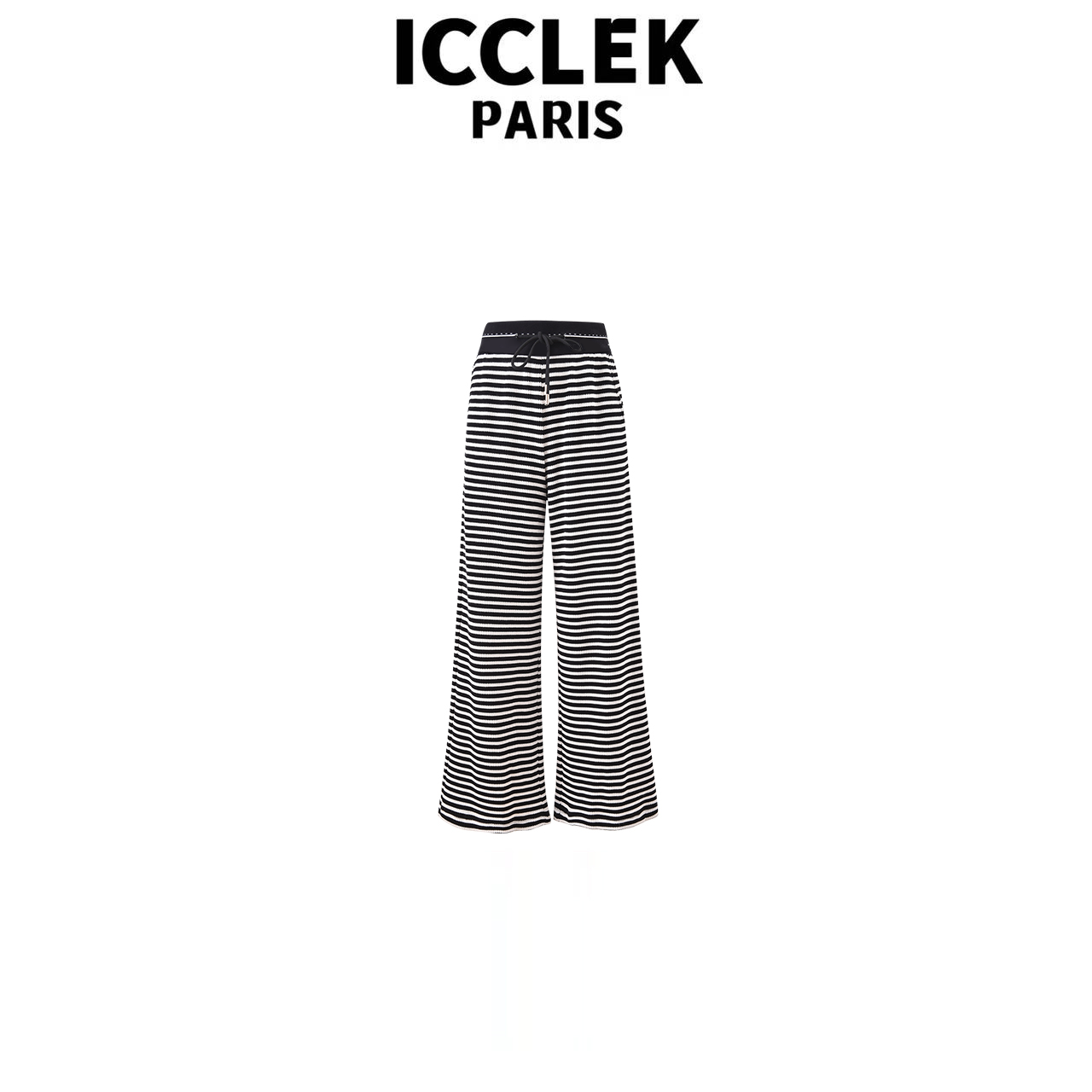 ICCLEK 撞色条纹高腰休闲裤百搭舒适显瘦垂感休闲感阔腿 裤 -1598