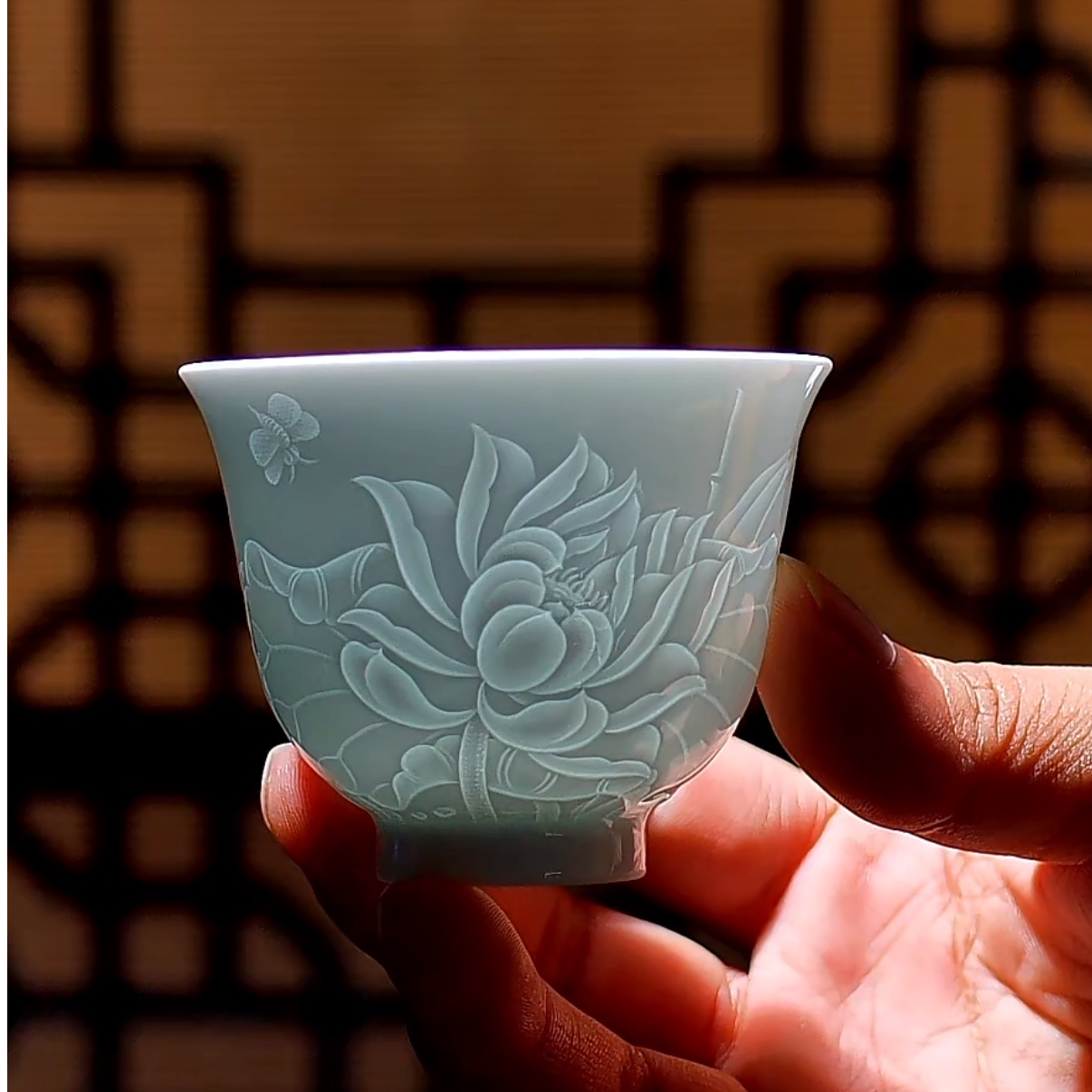 【胜耕堂】重工荷韵满塘主人杯  纯手工雕刻景德镇青白瓷主人杯家用