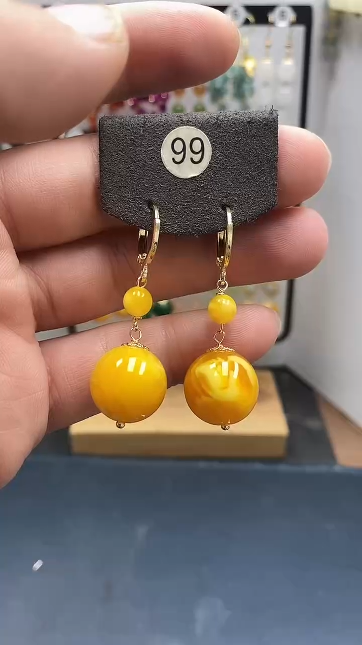 蜜蜡银S925镀金镶嵌耳饰尺寸16mm耳扣D1