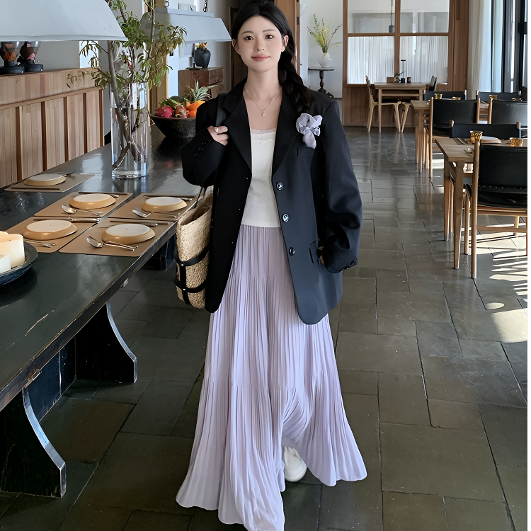 仙女雨雾紫藤压褶半身裙女2025春秋新款A字高腰温柔风设计感长裙 
