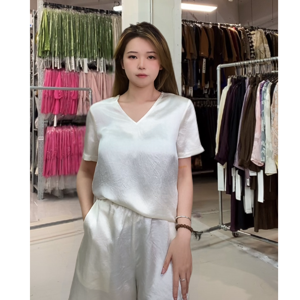 【燕子在南油】衣长60国风气质醋酸V领短袖T桖3941