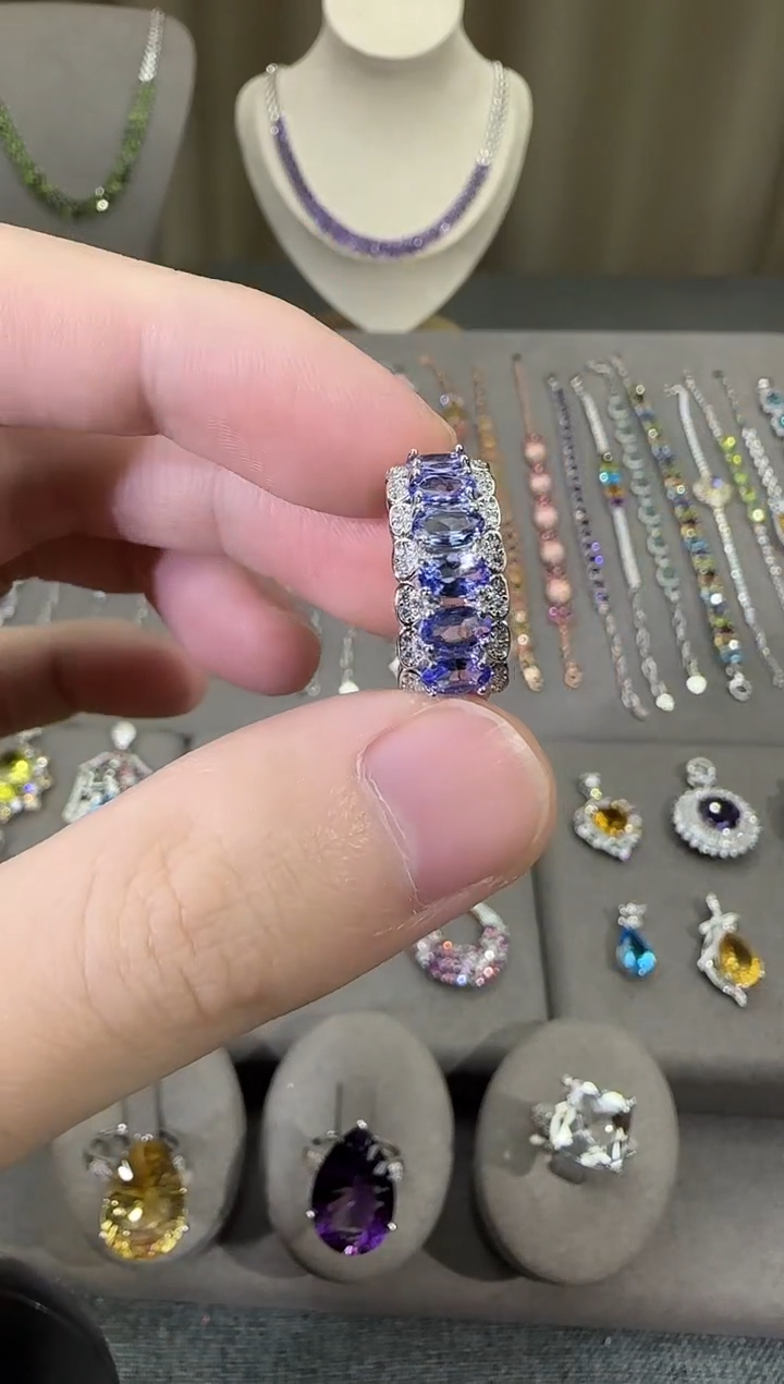 银S925镶嵌戒指坦桑石8mm戒指简约款